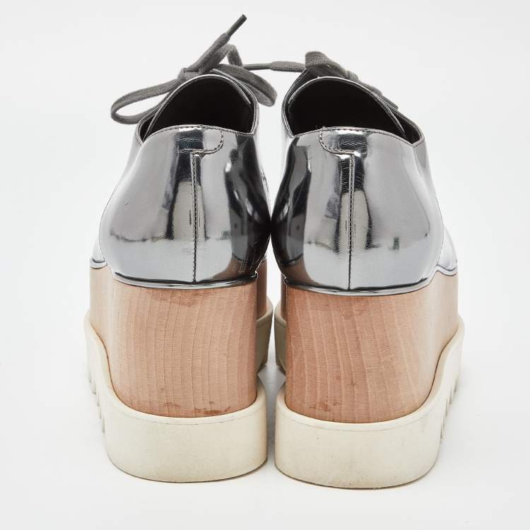 Pre Owned Stella McCartney Silver Faux Leather Elyse Platform Lace Up Derby Size 39