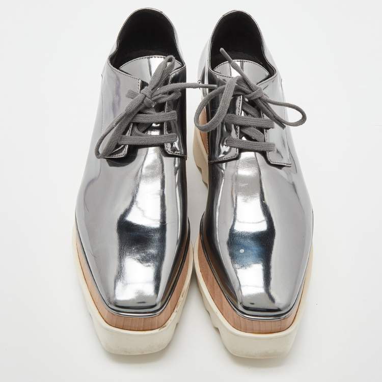 Pre Owned Stella McCartney Silver Faux Leather Elyse Platform Lace Up Derby Size 39
