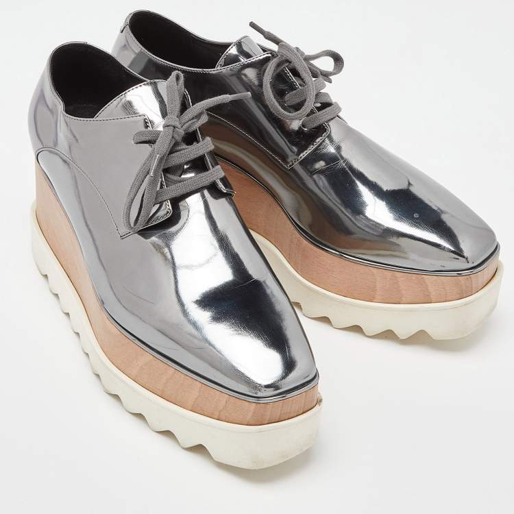 Pre Owned Stella McCartney Silver Faux Leather Elyse Platform Lace Up Derby Size 39