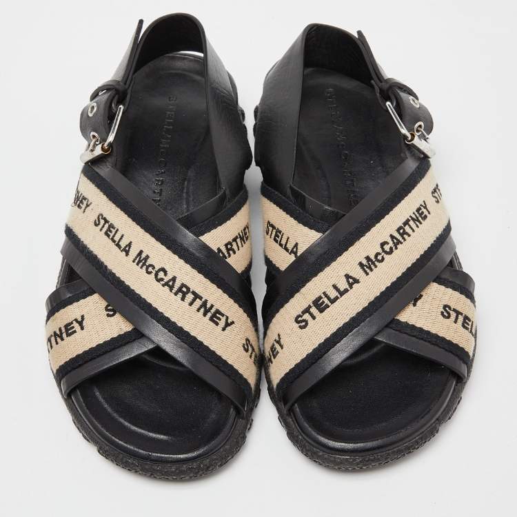 Pre Owned Stella McCartney Black/Beige Faux Leather and Canvas Crossover Flat Sandals Size 36