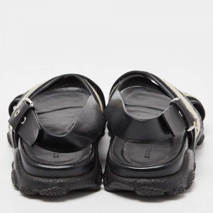 Pre Owned Stella McCartney Black/Beige Faux Leather and Canvas Crossover Flat Sandals Size 36