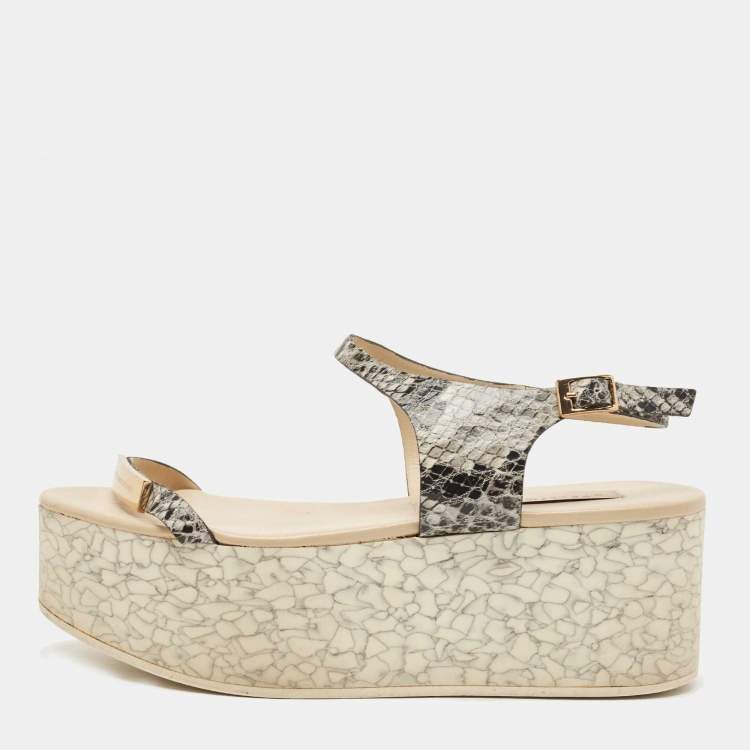 Pre Owned Stella McCartney Black/White Faux Python Embossed Leather Geena Sandals Size 36