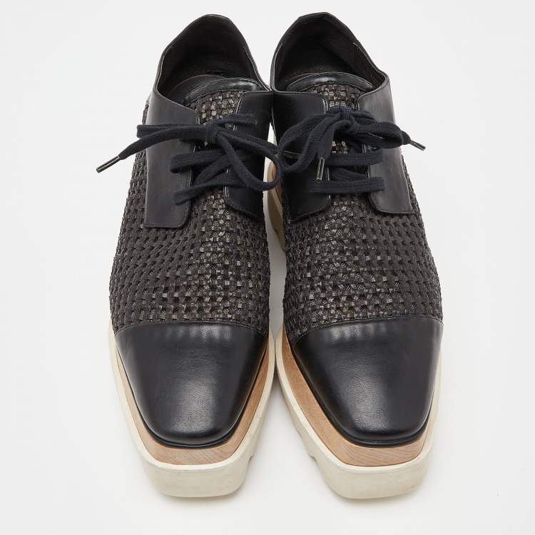 Pre Owned Stella McCartney Black Woven Faux Leather Elyse Platform Derby Size 38.5