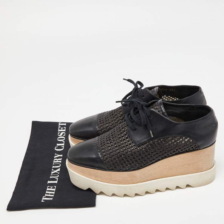 Pre Owned Stella McCartney Black Woven Faux Leather Elyse Platform Derby Size 38.5