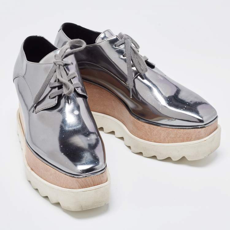Pre Owned Stella McCartney Sliver Faux Leather Elyse Platform Derby Sneakers Size 36.5