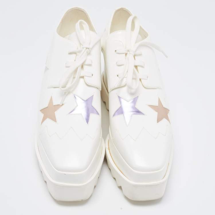 مملوكة مسبقًا Stella McCartney White Faux Leather Elyse Star Platform Derby Sneakers Size 38