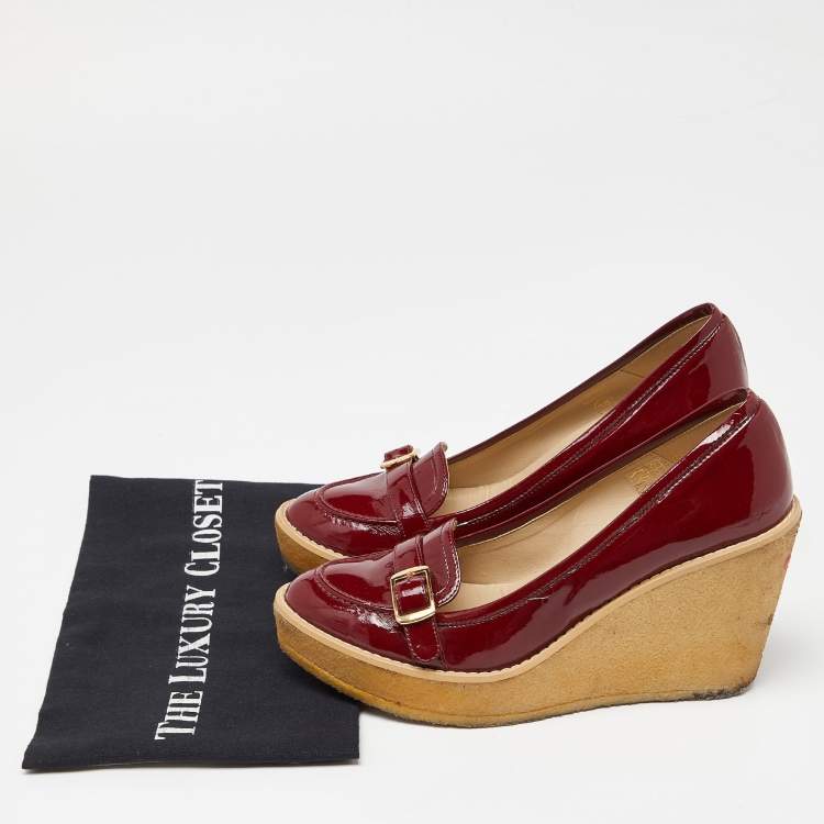 Pre Owned Stella McCartney Red Faux Patent Leather Wedge Platform Loafer Pumps Size 38