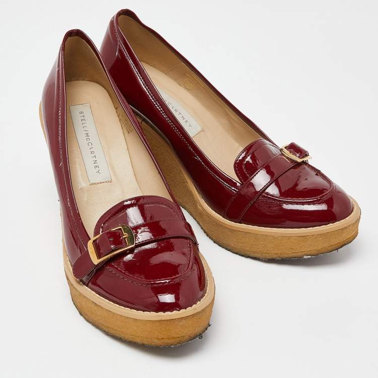 Pre Owned Stella McCartney Red Faux Patent Leather Wedge Platform Loafer Pumps Size 38