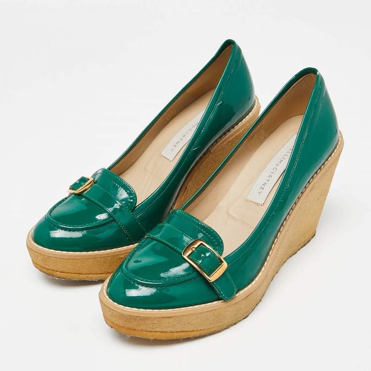 Pre Owned Stella McCartney Green Faux Patent Leather Wedge Loafer Pumps Size 38