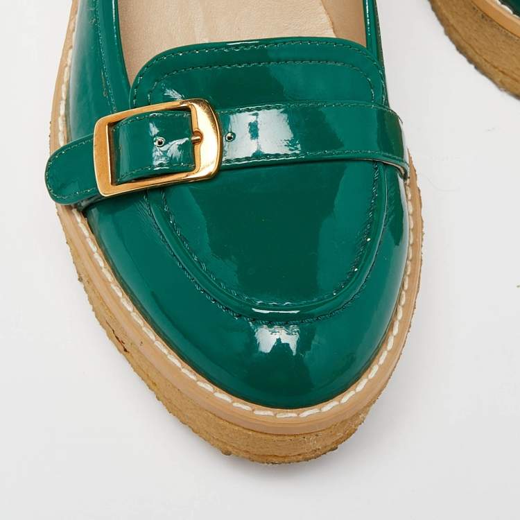 Pre Owned Stella McCartney Green Faux Patent Leather Wedge Loafer Pumps Size 38