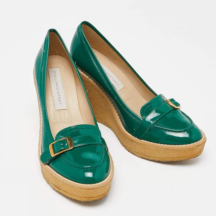 Pre Owned Stella McCartney Green Faux Patent Leather Wedge Loafer Pumps Size 38