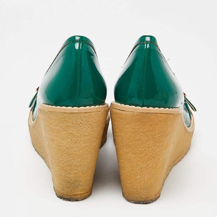 Pre Owned Stella McCartney Green Faux Patent Leather Wedge Loafer Pumps Size 38