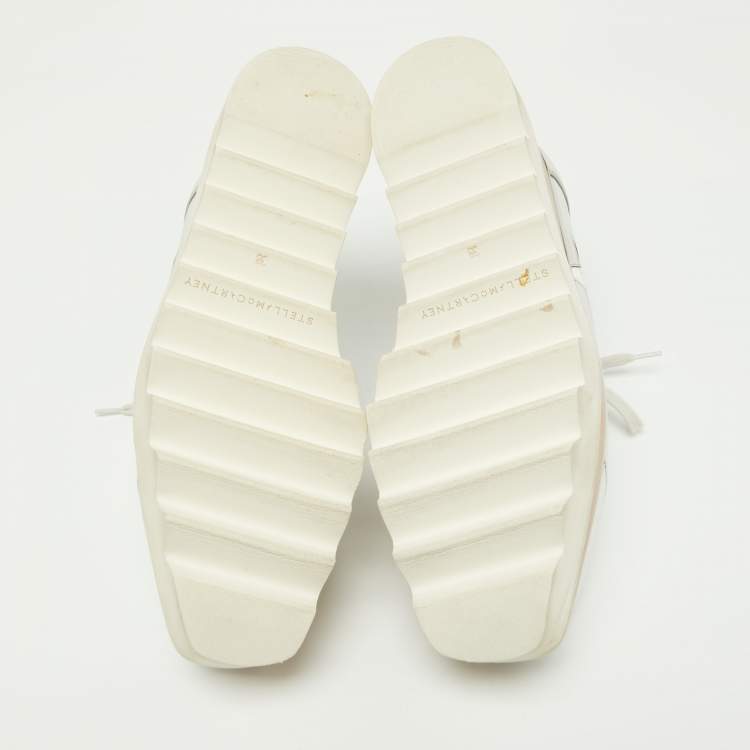 Pre Owned Stella McCartney Silver/White Faux Patent And Faux Leather Elyse Star Platform Lace Up Sneakers Size 38