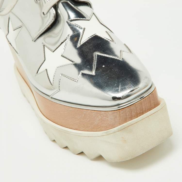 Pre Owned Stella McCartney Silver/White Faux Patent And Faux Leather Elyse Star Platform Lace Up Sneakers Size 38