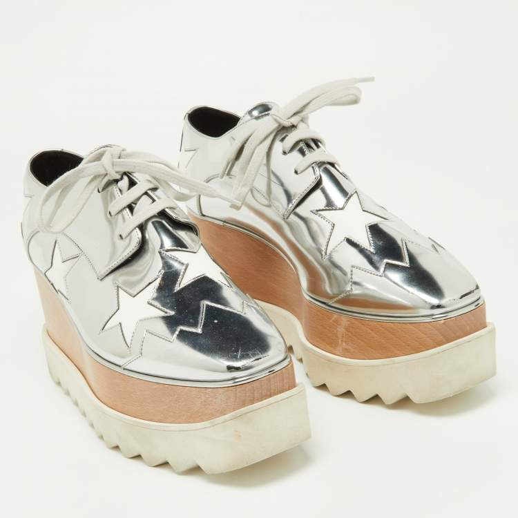Pre Owned Stella McCartney Silver/White Faux Patent And Faux Leather Elyse Star Platform Lace Up Sneakers Size 38