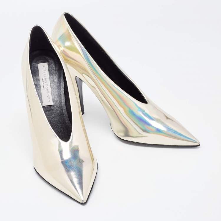Pre Owned Stella McCartney Iridescent Faux Patent Leather V Neck Pointed Toe Pumps Size 40.5