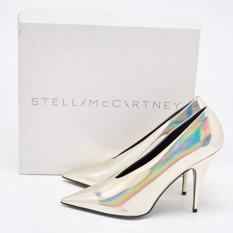 Pre Owned Stella McCartney Iridescent Faux Patent Leather V Neck Pointed Toe Pumps Size 40.5