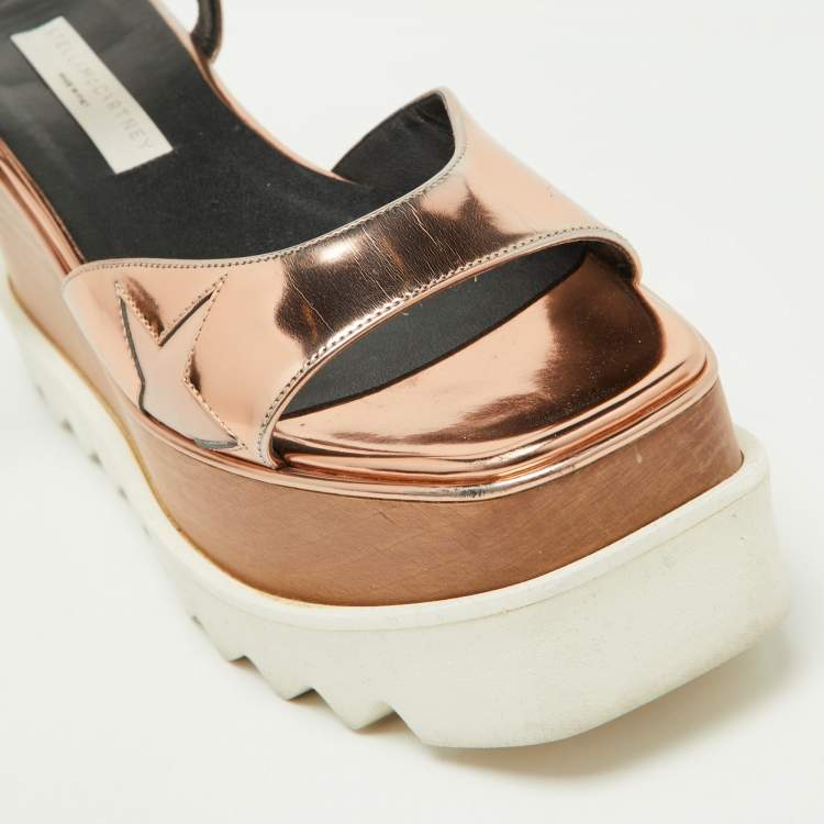 Pre Owned Stella McCartney Metallic Rose Gold Faux Patent Leather Elyse Star Platform Ankle Strap Sandals Size 37.5