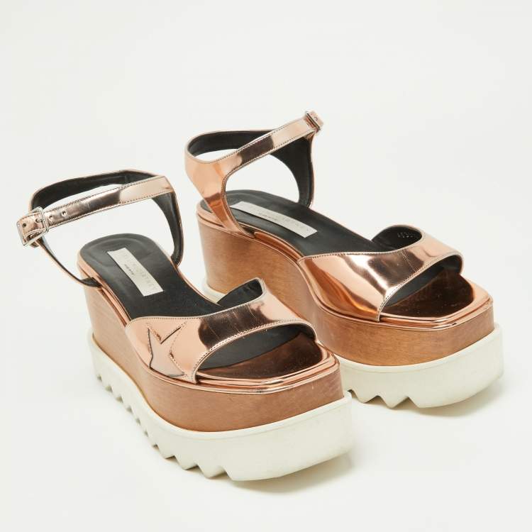 Pre Owned Stella McCartney Metallic Rose Gold Faux Patent Leather Elyse Star Platform Ankle Strap Sandals Size 37.5