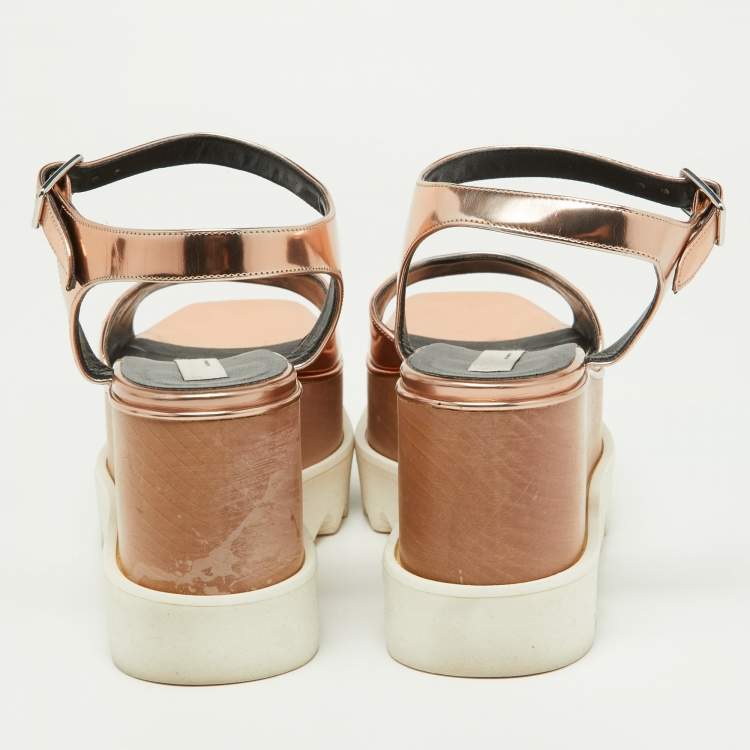Pre Owned Stella McCartney Metallic Rose Gold Faux Patent Leather Elyse Star Platform Ankle Strap Sandals Size 37.5