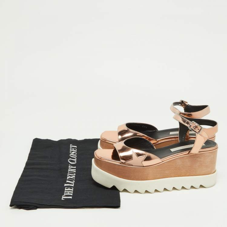 Pre Owned Stella McCartney Metallic Rose Gold Faux Patent Leather Elyse Star Platform Ankle Strap Sandals Size 37.5