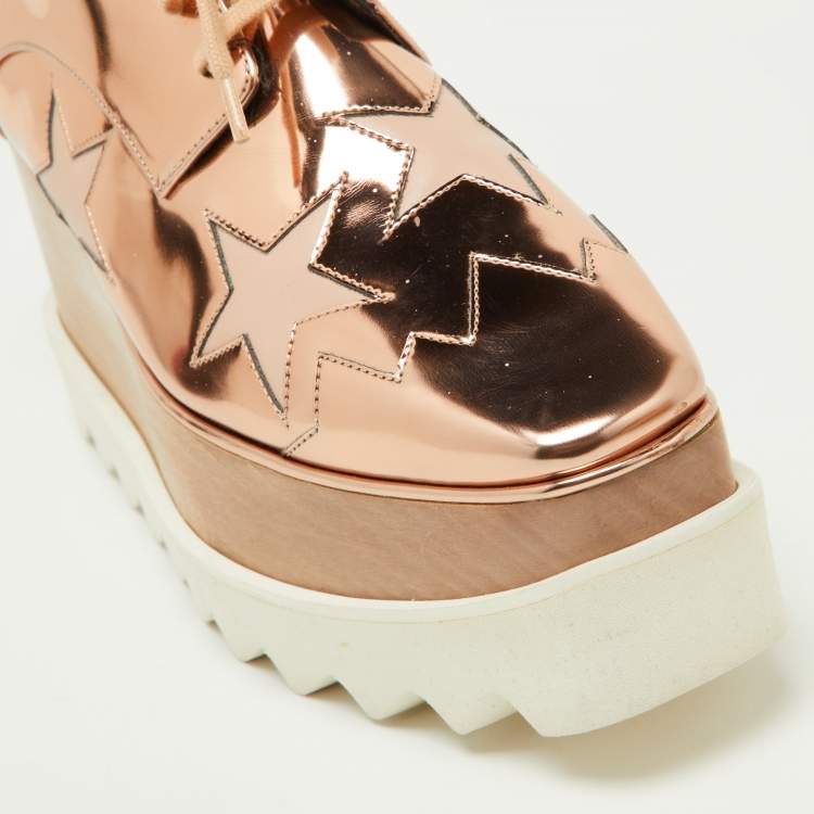 Pre Owned Stella McCartney Metallic Rose Gold Faux Patent Leather Elyse Star Platform Lace Up Sneakers Size 37