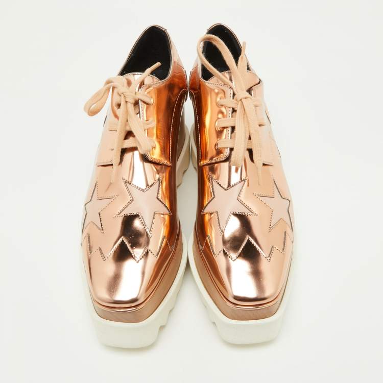 Pre Owned Stella McCartney Metallic Rose Gold Faux Patent Leather Elyse Star Platform Lace Up Sneakers Size 37