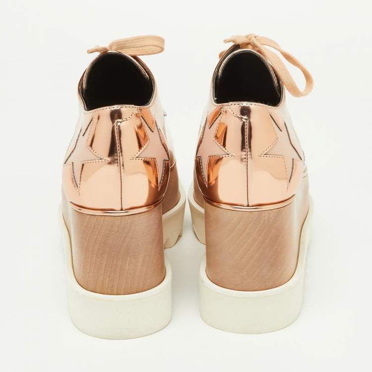Pre Owned Stella McCartney Metallic Rose Gold Faux Patent Leather Elyse Star Platform Lace Up Sneakers Size 37