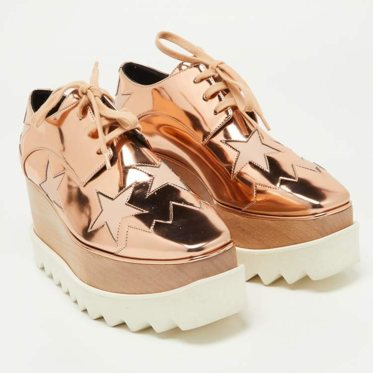 Pre Owned Stella McCartney Metallic Rose Gold Faux Patent Leather Elyse Star Platform Lace Up Sneakers Size 37