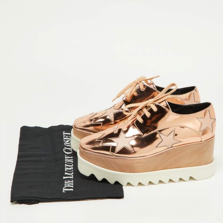Pre Owned Stella McCartney Metallic Rose Gold Faux Patent Leather Elyse Star Platform Lace Up Sneakers Size 37
