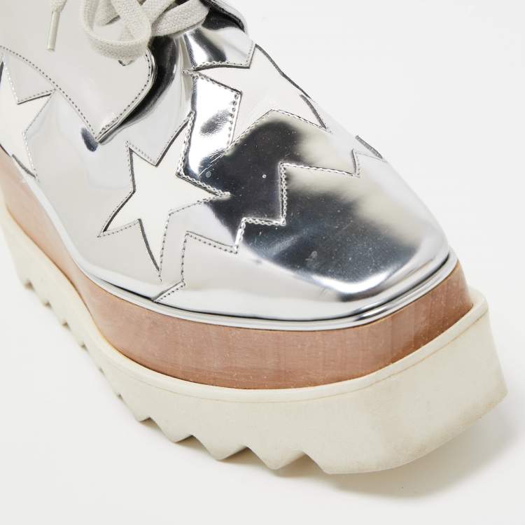 Pre Owned Stella McCartney Silver Faux Leather Elyse Star Wedge Sneakers Size 37