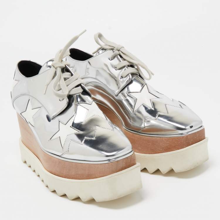 Pre Owned Stella McCartney Silver Faux Leather Elyse Star Wedge Sneakers Size 37