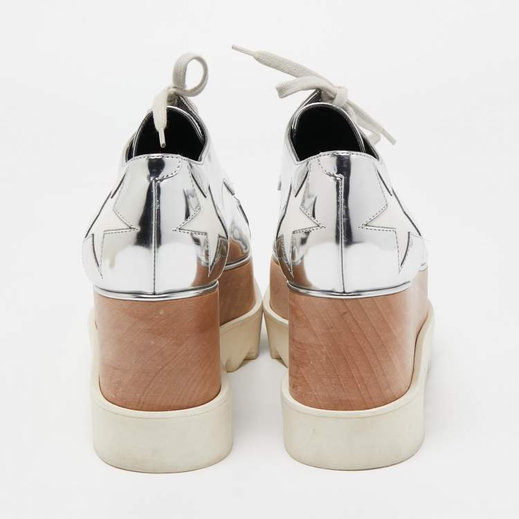 Pre Owned Stella McCartney Silver Faux Leather Elyse Star Wedge Sneakers Size 37