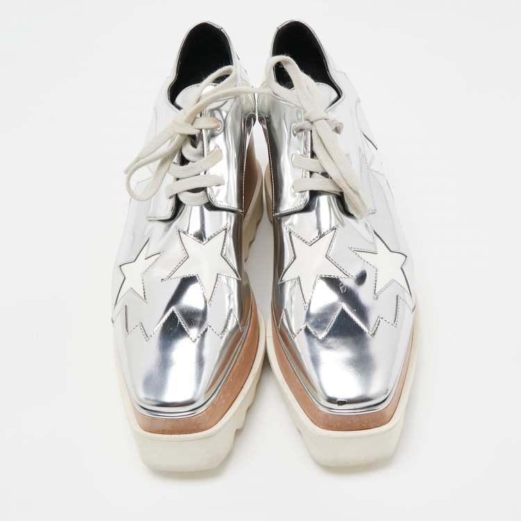 Pre Owned Stella McCartney Silver Faux Leather Elyse Star Wedge Sneakers Size 37
