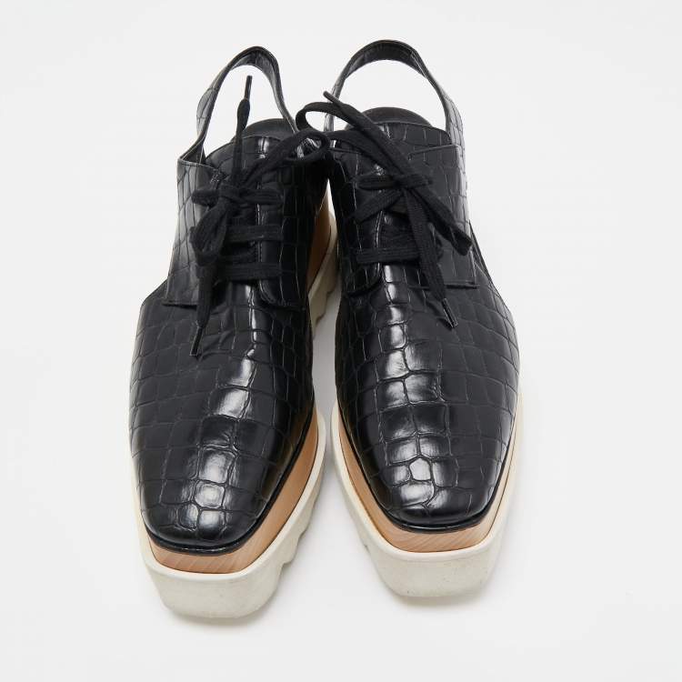 Pre Owned Stella McCartney Black Croc Embossed Leather Elyse Cut Out Platform Derby Sneakers Size 37