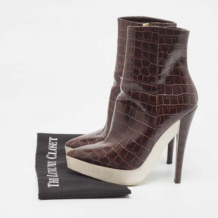 Pre Owned Stella McCartney Brown Croc Embossed Ankle Boots Size 37