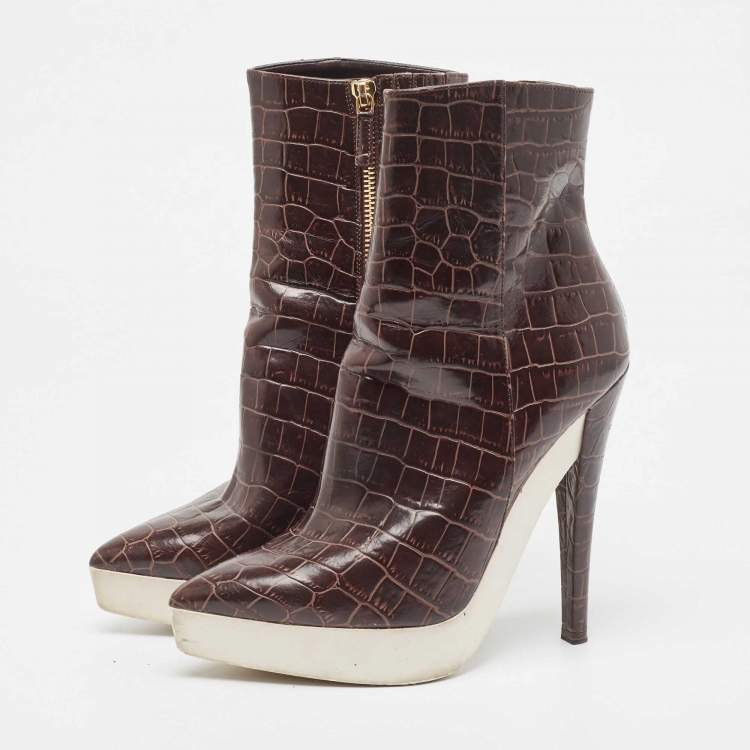 Pre Owned Stella McCartney Brown Croc Embossed Ankle Boots Size 37