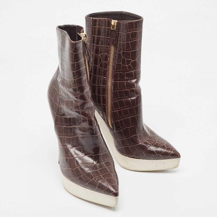 Pre Owned Stella McCartney Brown Croc Embossed Ankle Boots Size 37