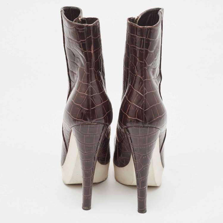 Pre Owned Stella McCartney Brown Croc Embossed Ankle Boots Size 37