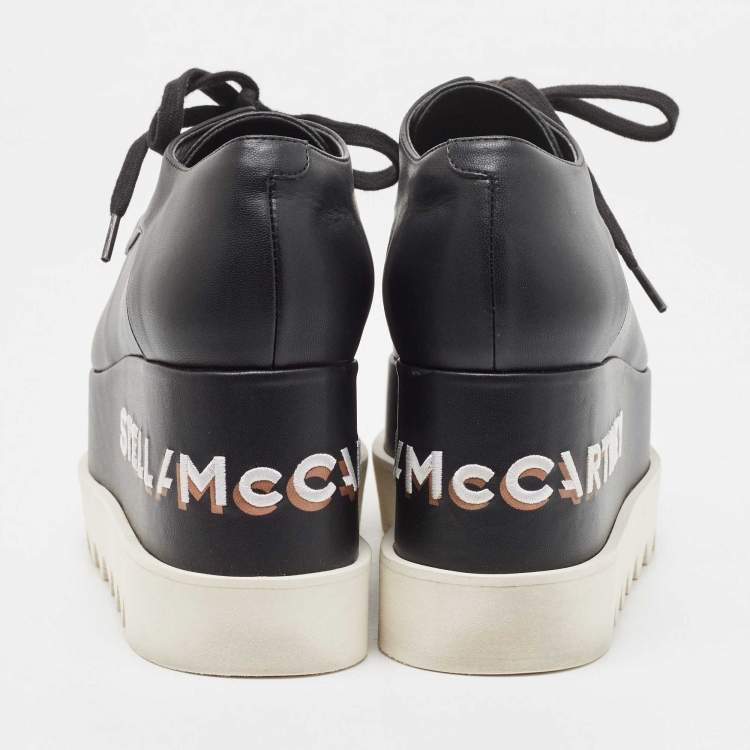 Pre Owned Stella McCartney Black Faux Leather Elyse Logo Embroidered Platform Sneakers Size 38