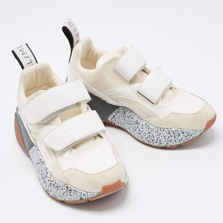 Pre Owned Stella McCartney White Faux Leather and Faux Suede Eclypse Velcro Strap Sneakers Size 36