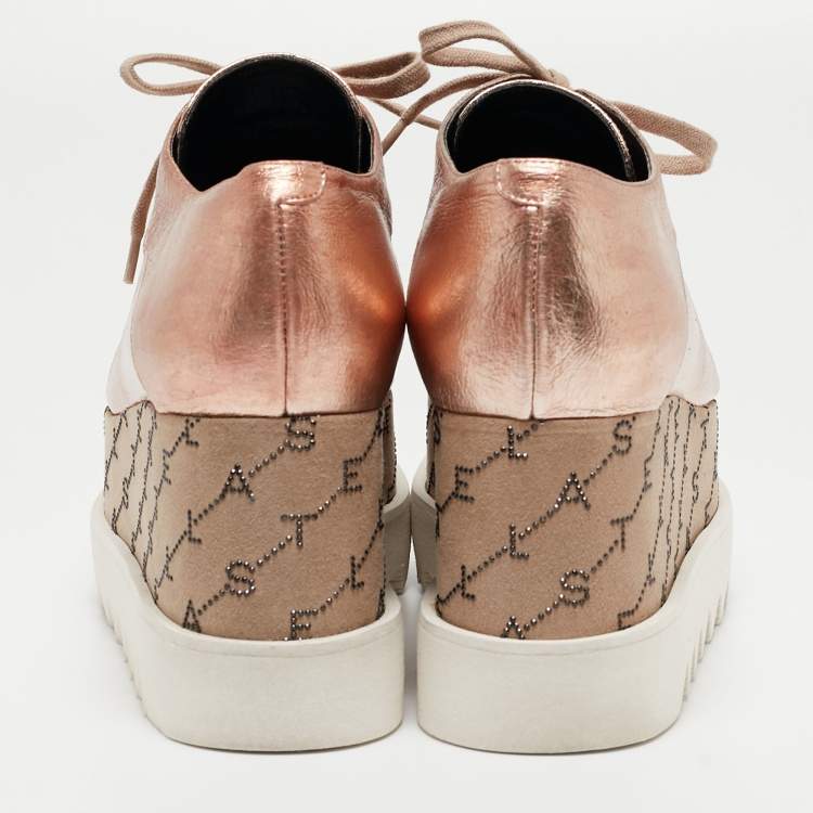 Pre Owned Stella McCartney Rose Gold/Beige Faux Leather Monogram Elyse Platform Derby Sneakers Size 37