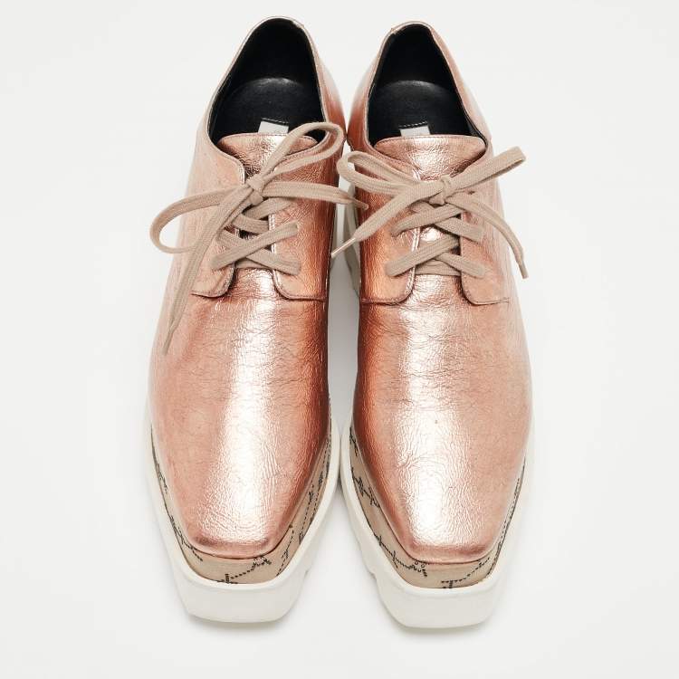 Pre Owned Stella McCartney Rose Gold/Beige Faux Leather Monogram Elyse Platform Derby Sneakers Size 37
