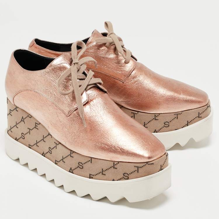 Pre Owned Stella McCartney Rose Gold/Beige Faux Leather Monogram Elyse Platform Derby Sneakers Size 37