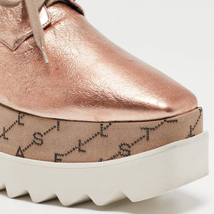 Pre Owned Stella McCartney Rose Gold/Beige Faux Leather Monogram Elyse Platform Derby Sneakers Size 37