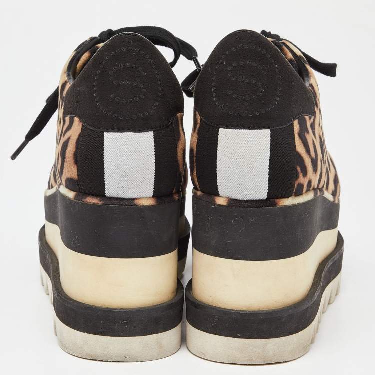 Pre Owned Stella McCartney Beige/Black Leoprad Print Velvet Elyse Platform Derby Sneakers Size 35