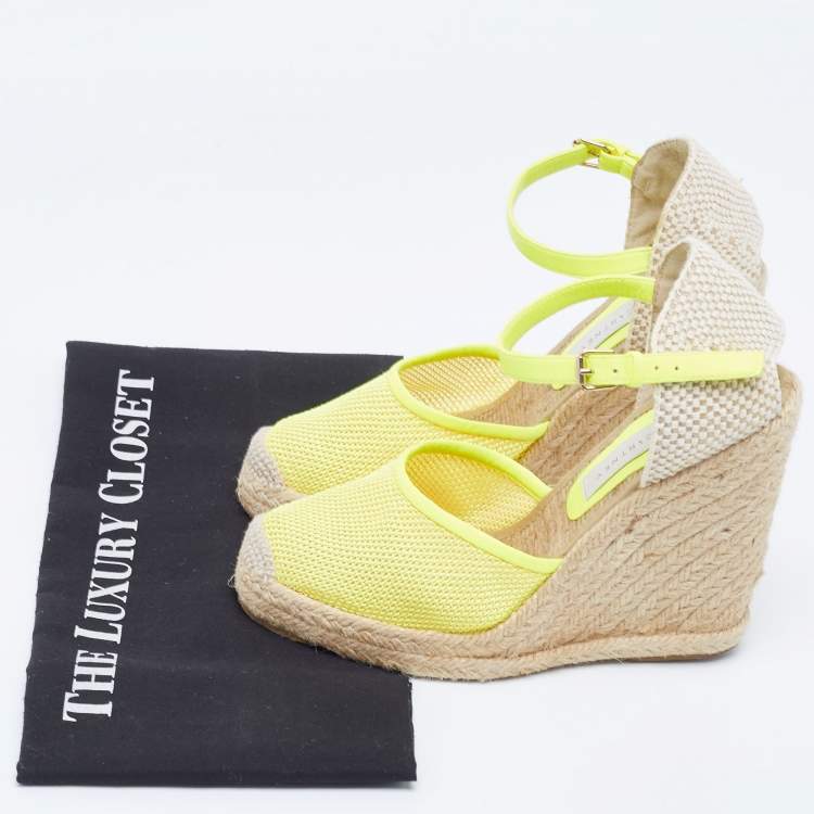 Pre Owned Stella McCartney Neon Yellow Mesh Espadrille Wedge Ankle Strap Pumps Size 37
