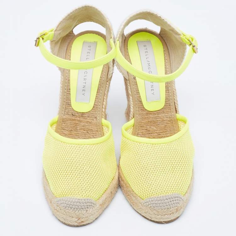 Pre Owned Stella McCartney Neon Yellow Mesh Espadrille Wedge Ankle Strap Pumps Size 37