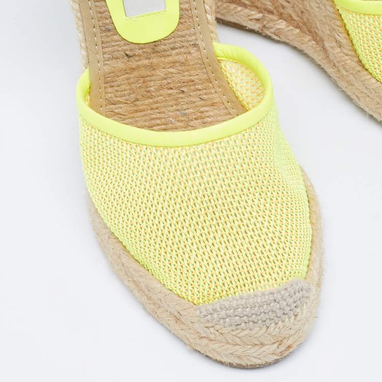 Pre Owned Stella McCartney Neon Yellow Mesh Espadrille Wedge Ankle Strap Pumps Size 37