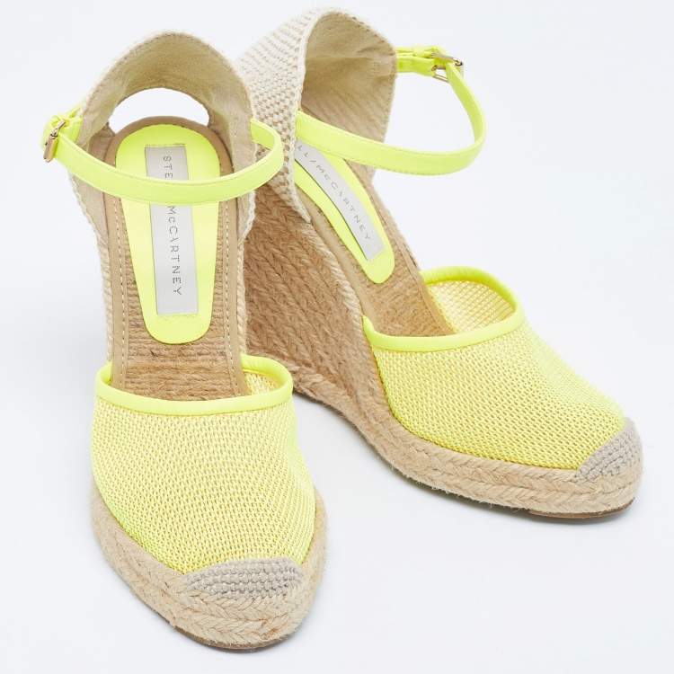 Pre Owned Stella McCartney Neon Yellow Mesh Espadrille Wedge Ankle Strap Pumps Size 37